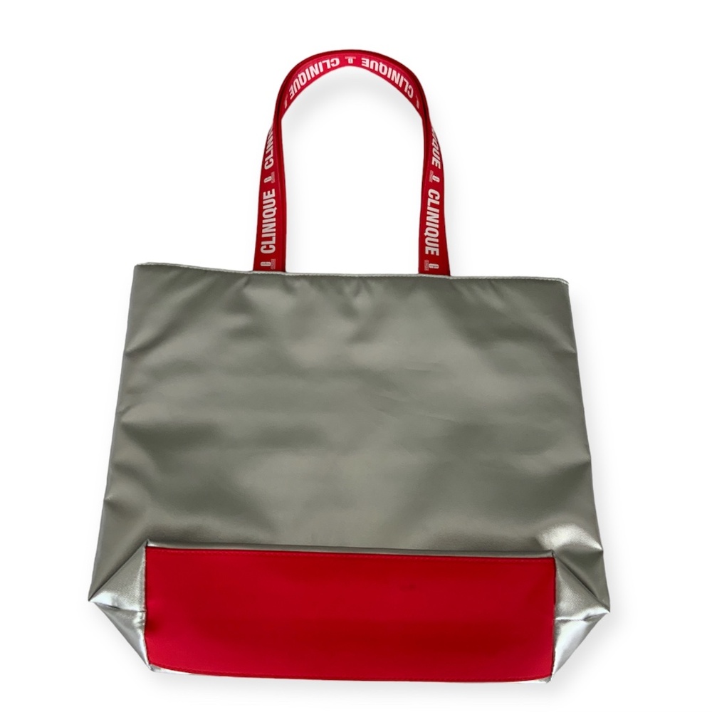 Clinique Reversible Metallic Silver Red & White Red Tote Travel Bag